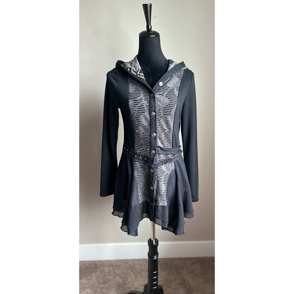 Dzhavael Couture Grey Black Distressed Steampunk Asymmetric Cardigan Size S